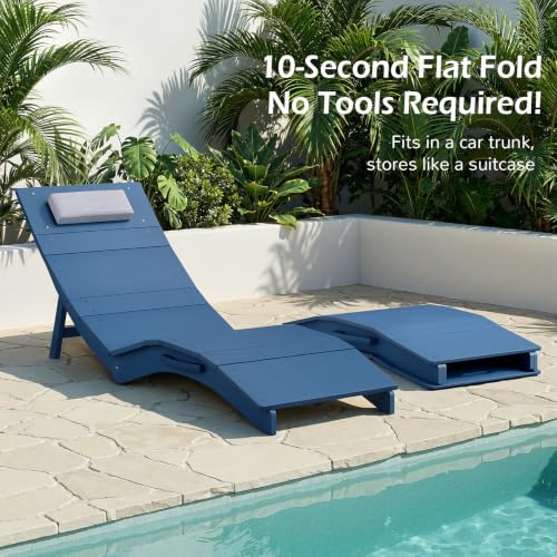 Image of Stoog Folding Pool Lounge Chairs Set of 2, Heavy Duty HIPS Anti-Floating Outdoor Chaise with Headrest for Hotel, Beach, Sun Deck, Blue