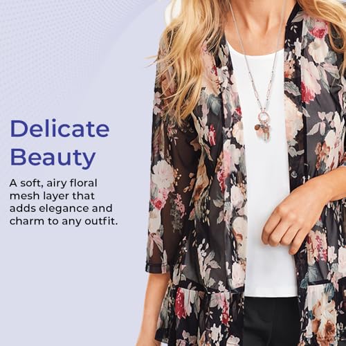 Floral Mesh Cardigan for Women, Sheer Open Front Jacket with 3/4 Sleeves, Lightweight Elegant Cover Up3