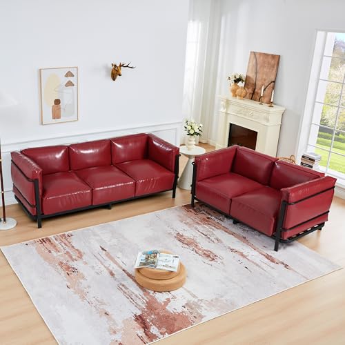 Image of 2 Piece Living Room Sofa set, Mid-Century Modern Upholstered Couch Faux Leather Sofa Couch with Iron Frame and Upholstered Armrest Backrest Cushion for Living Room, Office, Apartment (Burgundy)