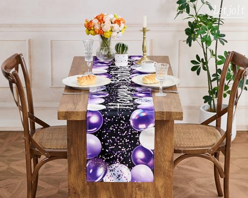 Image of Letjolt Purple Balloon Happy Birthday Table Runner 72 Inches | Linen-Like Fabric, Celebrate Party Table Decor