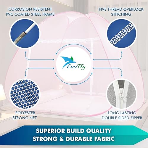 Image of Evafly Mosquito Net for Double Bed | Heart Design (Limited Edition) | King Size Foldable Machardani | Polyester 30GSM Durable Net | PVC Coated Corrosion-Resistant Steel Wire - Full Pink