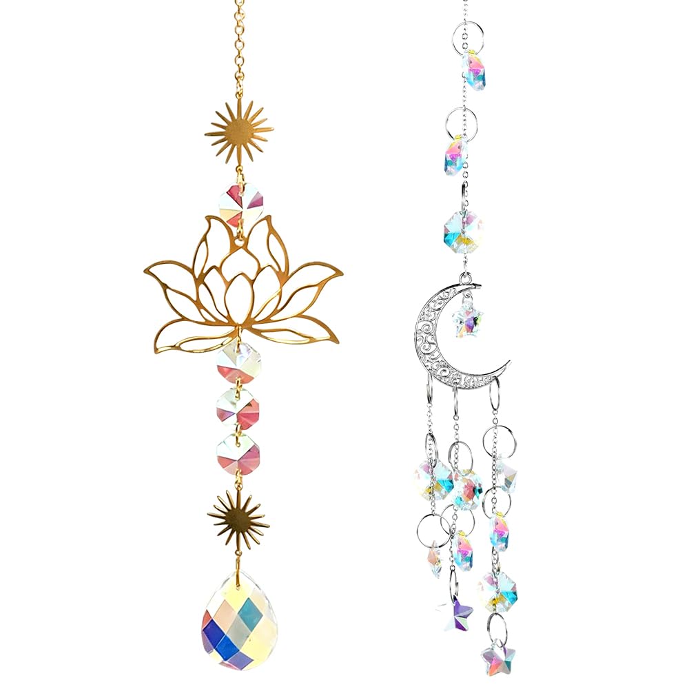 Campanilla de Viento de Cristal con Flor de Loto, 2 PCS Flor de Loto y Luna con Prisma de Cristal, Adorno de Ventana de Prisma de Vidrio Colores para Ventana, Dormitorio, Jardín, Oficina