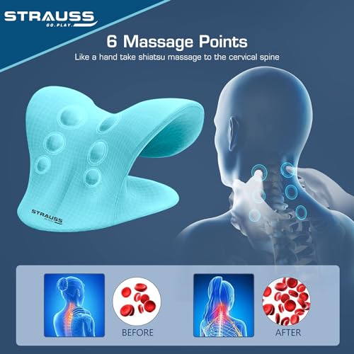 Image of Strauss Neck Support Stretcher | Cervical Pillow | Cervical Traction Device for Relieve in Headache, Muscle Tension, Neck Pain, Shoulder Pain & Spine Alignment | Acupressure Chiropractic Pillow,(Blue)