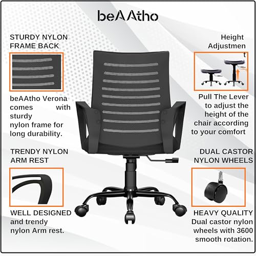 beAAtho® Verona Mesh Mid-Back Ergonomic Home Office Chair | 3-Years Limited Warranty | Tilting & Height Adjustable Mechanism, Heavy Duty Metal Base... - Image 7