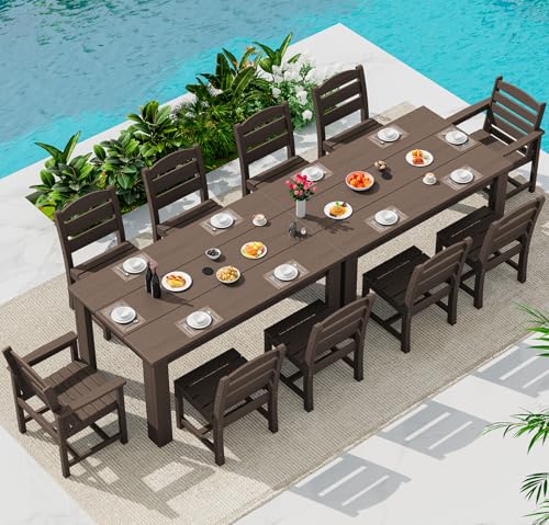 Image of SERWALL 59 inch HDPE Patio Dining Set for 10, w / 2 Tables & 10 Chairs, Coffee