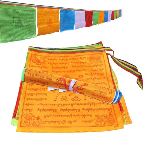 KALUROIL Drapeaux de prière tibétains traditionnels en soie - pour la décoration extérieure - Modèle en bois avec impression en bronze,35 cm * 34 cm/20...
