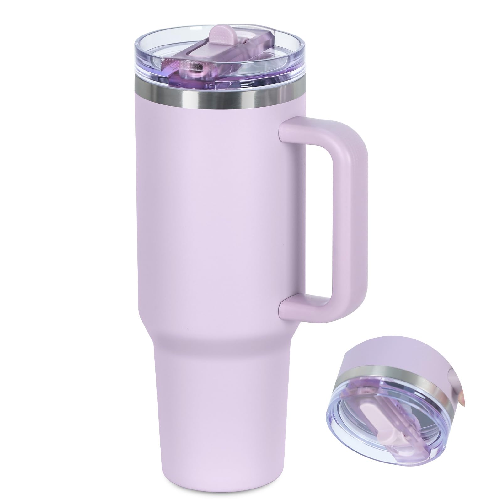 40 Oz Flip Straw Tumbler with Handle, Stainless Steel Double Wall Vacuum Insulated Cup with Flip Top Leak-proof lid, Purple