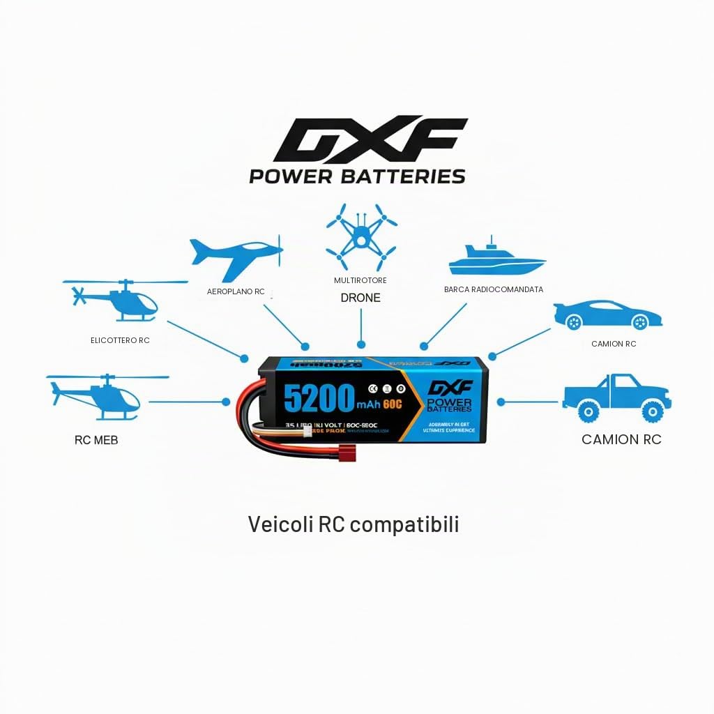 DXF Confezione da 2 confezioni da 3 batterie lipo 5200 mAh, 11,1 V, 60C, con spina Deans/T– lipo 3s perfetto per auto rc, aereo, elicottero, camion 3s lipo ideale per veicoli 1/8 e 1/10 come Tamiya