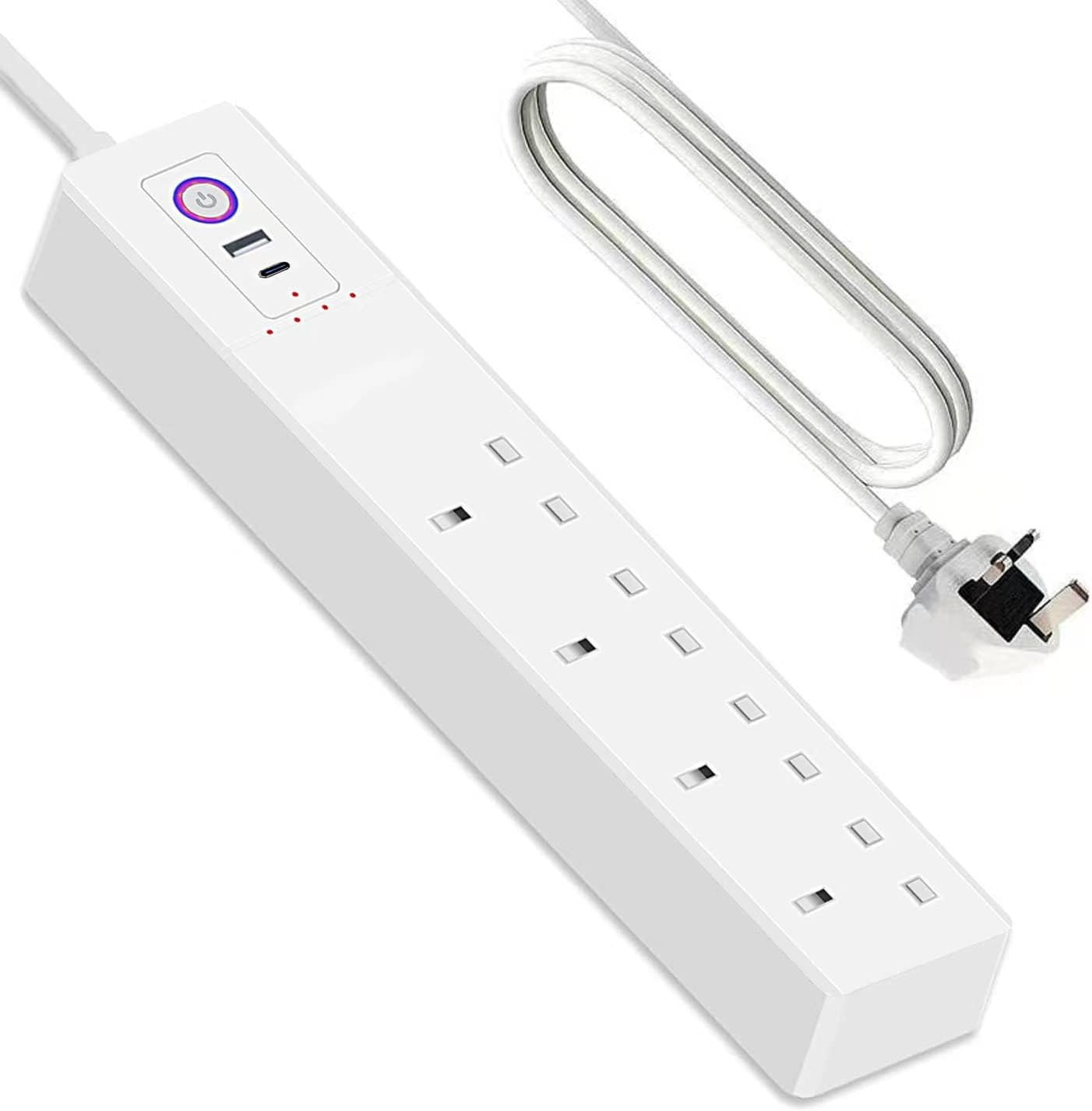 Jinvoo USB-C Power Strip with 4 AC Outlets and 4 USB Ports, 5FT Extension Cord, 1700J Surge Protector, Desktop Charging Station - White