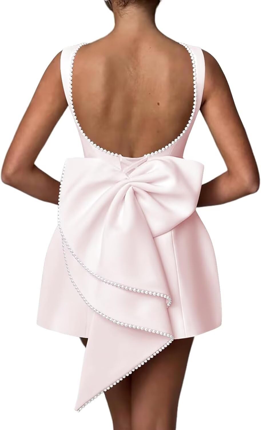 PUXIU Pearl Satin Homecoming Dressse for Teens Formal Cocktail Mini Party Gown with Bow Short Prom Dress PUS080