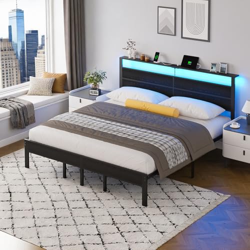 Image of Liians Black King Size Bed Frame with LED Lights and Charging Station, King Size Platform Bed with Metal Slats and Wood Headboard, No Box Spring Needed