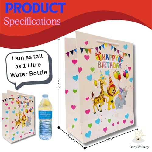 IncyWincy 10Pc Happy Birthday Jungle Animal Theme Glossy Gift Bags for Kids – Party Favor Goodie Bags, Reusable Paper Return Gift Bags (10in x 8in x 4in) - Pack of 10