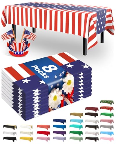 Image of Pureegg 4th of July USA 250th Anniversary Plastic Tablecloth Disposable 8 Pack, Patriotic American Flag Rectangle Table Cover 54 x 108 Inch, Table Cloth for Independence Day BBQ Picnic Party
