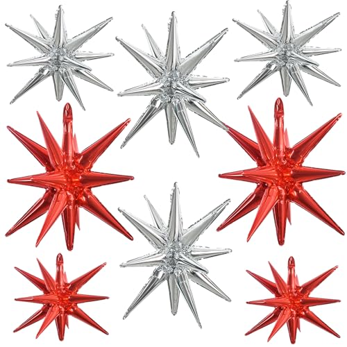 Image of TONIFUL 8 Pcs Explosion Star Balloons Red Silver Foil Balloon Party Decor | 22 Inch Large Mylar Star Balloon for Adults Birthday New Year Modern Wedding Bridal Shower Christmas Photo Booth Supplies
