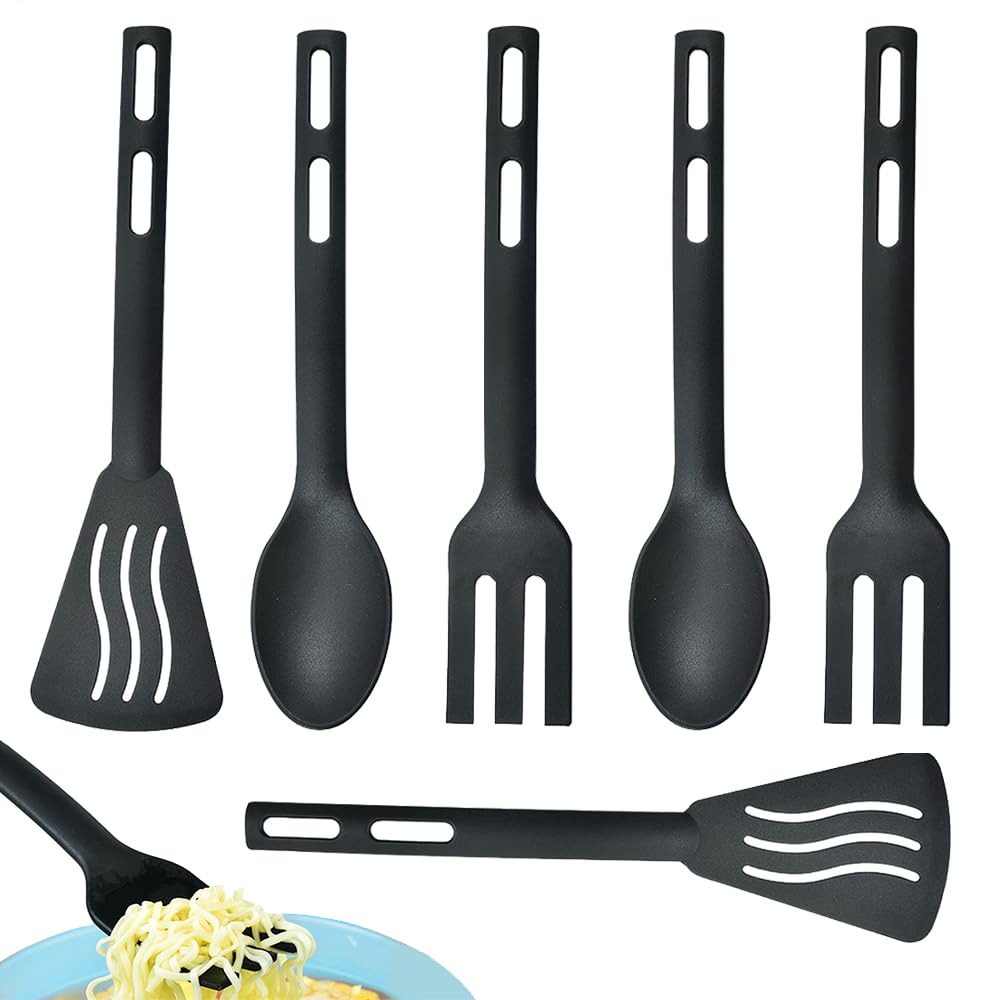 Set di 6 utensili da cucina, resistenti al calore, 2 cucchiai e 2 spatole e forchetta, utensili da cucina in nylon nero, gadget da cucina portatili per cucinare, pentole antiaderenti, chef, campeggio
