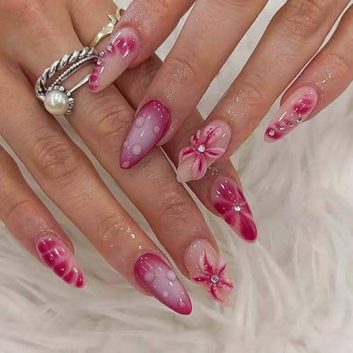 Image of Flower Press on Nails Purple Ombre Fake Nails Medium Almond False Nails with Rhinestone Design 5D Starfish Glue on Nails Glossy Artificial Acrylic Full Cover Spring Stick on Nails for Women Manicure