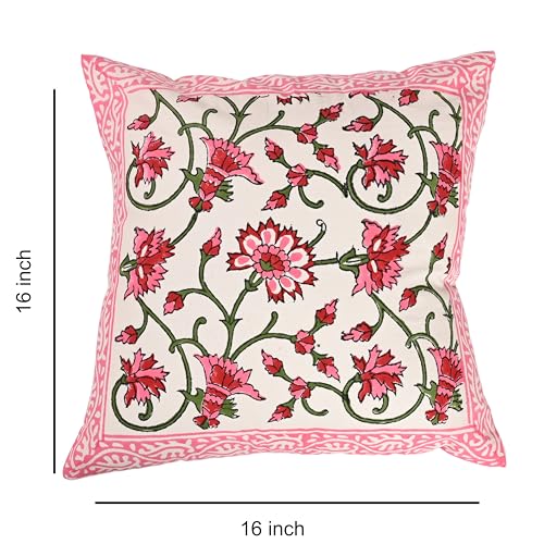 Image of Cotton Cushion Covers 16x16 Inch - Hand Block Floral Print Pillow Covers for Sofa, Couch & Bedroom (Pack of 5) (Pink)