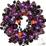 22 Inch Halloween Wreaths for Front Door with Lights, Pre-Lit Pumpkin Wreath, Spooky Ghost Wreath with Purple Glitter, Gold Berries & Ornaments, Halloween Decorations Indoor Outdoor Decor