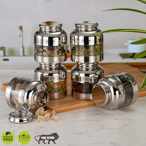 Image of Serene Stainless Steel Exotic See-Through Jar | Airtight Jars for Kitchen Storage | Premium Steel Jars with One Turn Lock Lid | Transparent Stainless Steel Containers | 400ML | 6 PC