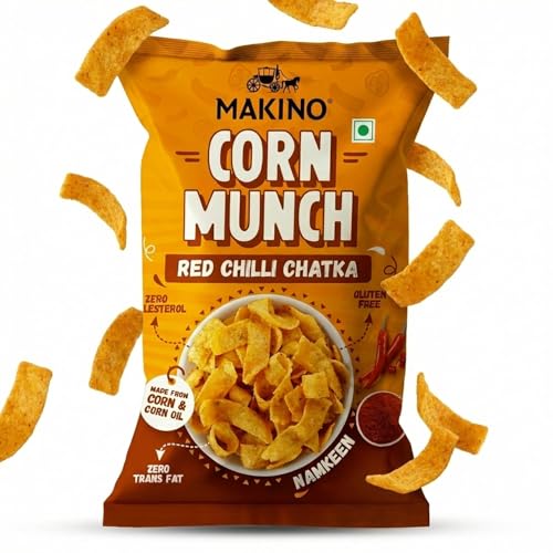 Image of Makino Corn Munch Red Chilli Chatka Spicy Snack, Pack of 3 (150g) Each - First Time in India, Sizzling Hot Flavour, Fiery Crunchy Chips, Best for Tea Time, Party & Anytime Munching