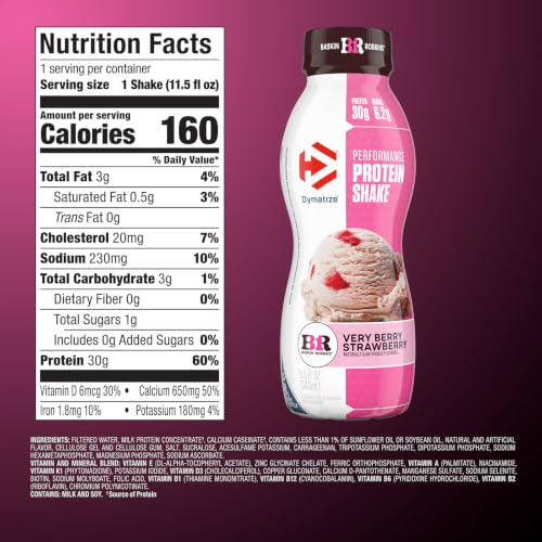 Image of Dymatize x Baskin Robbins, Performance Protein Shake, Very Berry Strawberry, 30g Protein, 6.2g BCAA for Muscle Recovery, No Added Sugar, Low Fat, 24 Vitamins & Minerals, Gluten-Free, On-the-Go Snack, 11.5 fl oz (12 Pack)