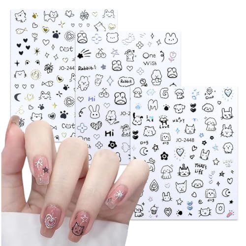 6 Pegatinas Uñas, Decorativas para uña, DIY, Semipermanentes, Para Señoras y Niñas, Gatito, Perrito, Conejo, Estilo Doodle