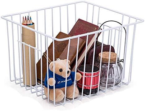 SANNO Freezer Wire Storage Organizer, Household Refrigerator Bin Basket with Built-In Handles for Kitchen Cabinets, Pantry, Closets, Bedrooms, Bathrooms- White (set of 2)