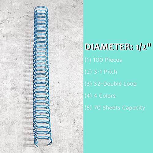 OFFNOVA 100 Pack Metal Double Loop Binding Wires, 32-Loop, 1/2” Mixing Color Wire Rings for Binding Books, Notebooks, Calendar and Any Documents