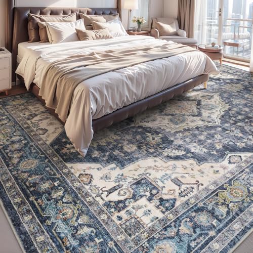 AMOAMI-3X5 Area Rug-Soft Washable Vintage Throw Accent Rugs for Living Room, Entryway, Bedroom, Kitchen, Bathroom, Laundry Room, Kitchen, Bathroom, Bedside, No Slip Blue