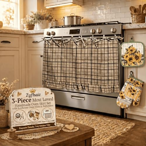 Zyfhaiz 3-Pcs Farmhouse Oven Skirt Curtain Set with Oven Mitts & Heat Resistant Mat Decorative Kitchen Apron Stain-Resistant Cotton Blend with Lace Trim & Ribbon Ties (Khaki Gingham 3 pcs)