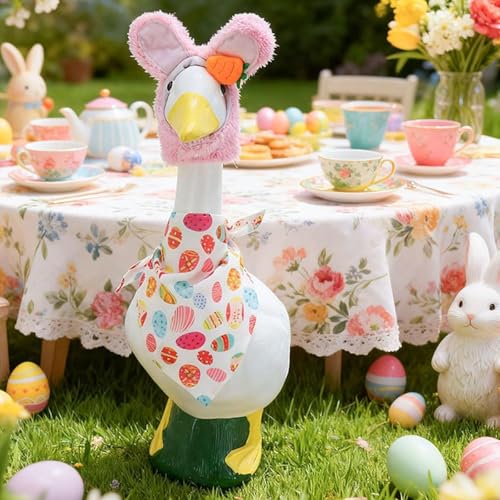 Statue d'oie décorative, idée cadeau de Pâques avec chapeau de lapin en polyester