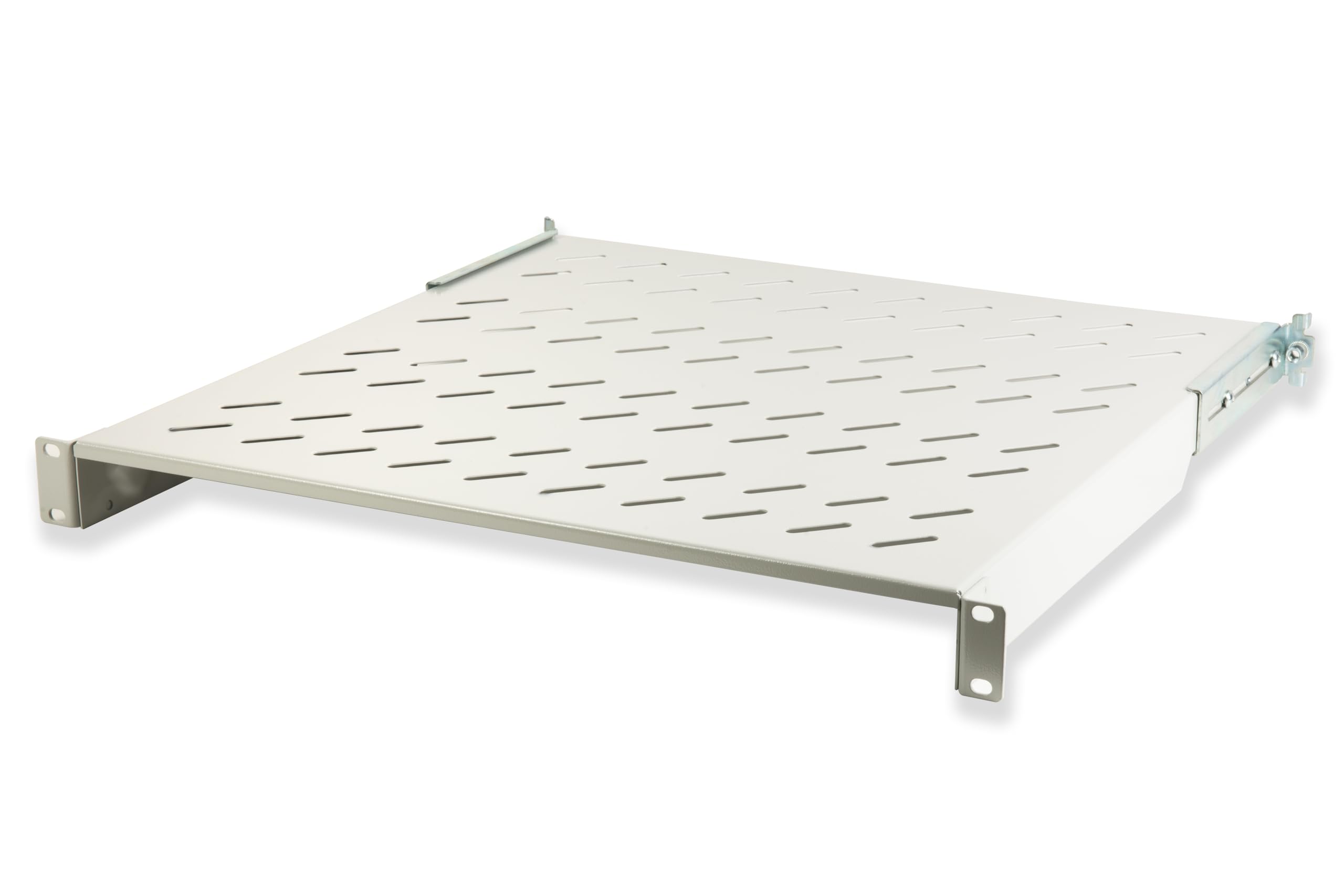 Link LKRIP450L - Ripiano in acciaio per armadio rack 19" universale (profondità 45-55 cm, grigio chiaro RAL7035) – 4 agganci frontali e posteriori – Portata 50 kg e superficie traforata per aerazione
