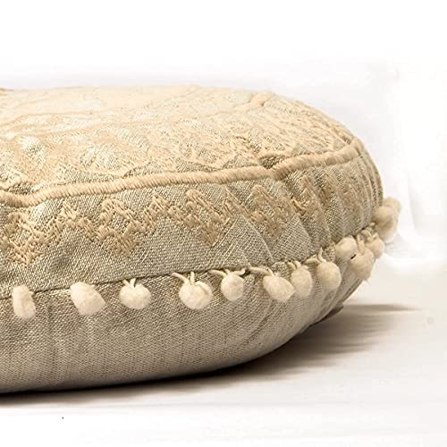 Mandala Life ART Bohémien Décor Coussin de Méditation - Rembourrage Non Inclus 60cm Ronde Coton - Pouf Zafu Yoga Décoratif Fait Main - Broderie Beige