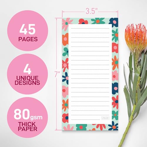 Image of Sweetzer & Orange S&O Magnetic Notepads for Refrigerator 4 Pack - Fun Floral planner for Fridge Sets - Force field List sheets for cooler - Sticky writing pages for freezer - 3.5 inch x 7 inch, 45 Pages