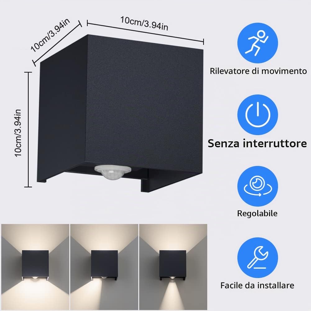 Klighten 2 PCS Lampada da esterno, 12W Applique da Parete con sensore di movimento per luci esterni/interni Lampade da parete con fascio regolabile IP65 Impermeabile 4000K Antracite