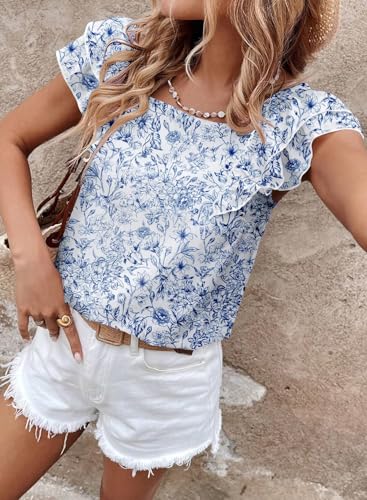 Image of Falechay Womens Bow Tie Back Tops Round Neck Ruffle Short Sleeve Shirts Cute Babydoll Chiffon Tee Women Summer Trendy Tunic
