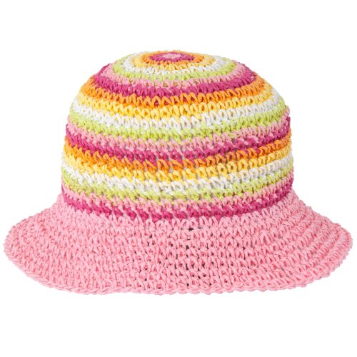 D&Y Kids Little Girls Pink Straw Bucket Sun Hat with Multi-Color Stripe Accent