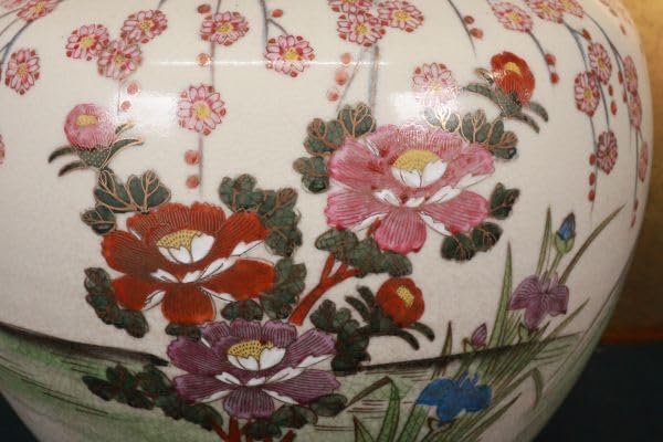 薩摩焼 🌺 勇仙作 色絵金彩花鳥図獅子耳 大香炉 高さ45cm
