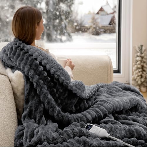 Image of Bedsure Heated Blanket Electric Throw - Thick Striped Flannel Electric Blanket, Heating with 4 Time Settings, 6 Heat Settings, and 3-Hour Timer Auto Shut Off, Gift for Grandma (50x60 inches, Grey)