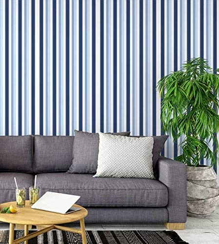 Papel de Parede Adesivo Listrado em Tons de Azul Branco Para Sala Quarto