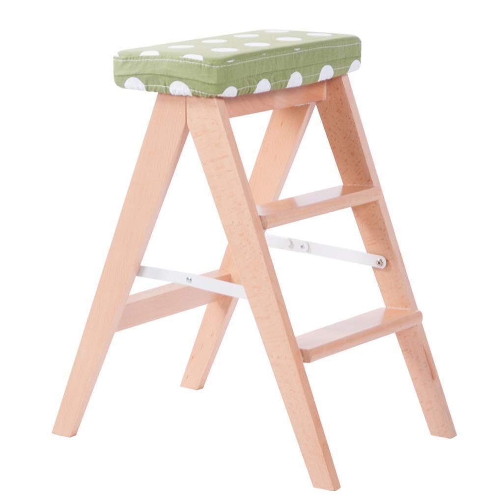 Tabouret escamotable pliant en bois à 3 marches avec assise verte