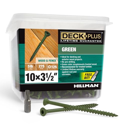 Image of Deck Plus 3-1 /2 Inch Epoxy Coated Exterior Wood and Fence Screws #10 x 3-1 /2 inch Torx /Star Drive Included Coarse Thread, Outdoor Rust Resistant Decking Screw, Green, 5lb Box, 275 Pieces | 48408