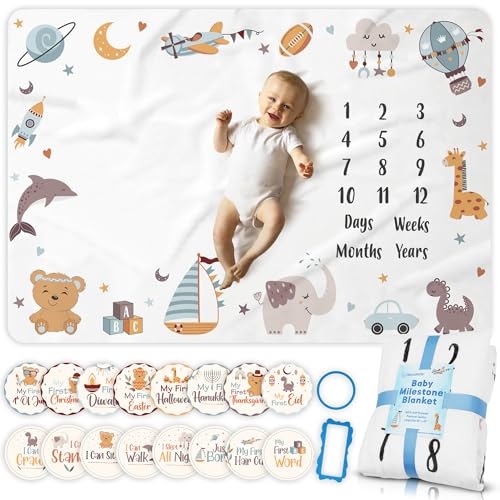 Image of OSTANDRAFFE Monthly Milestone Blanket for Baby Boy, Premium Soft Fleece Blanket, First 12 Months Growth Chart, Large Size 60" x 40", 16 Milestone Stickers, for Boys