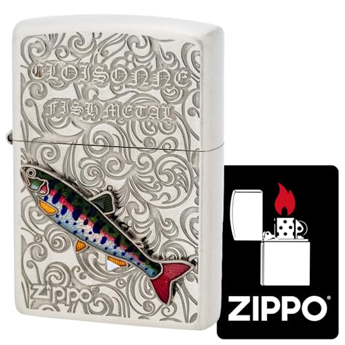 KAJIKAWA(カジカワ) Zippo ジッポ ライター 防風 真鍮製 七宝メタル メタル貼り エッチング 古美仕上げ 特製ステッカー付き シルバー AN-ヤマメ
