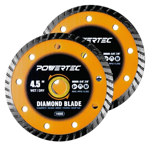 Image of POWERTEC 4-1 /2 inch Turbo Diamond Saw Blade for Angle Grinder, for Cutting Concrete, Granite, Brick, Paver, Roofing Tile, 4.5 inch Diamond Blades for Wet /Dry Cutting, 2 Pack (14005-P2)
