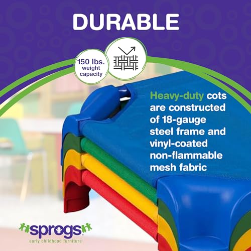 Image of Sprogs Heavy-Duty Stackable Standard Size 52 inchL Daycare Cots for Kids and Toddlers, Stacking Preschool Classroom Kids Cots for Sleeping, Resting, Naptime, Pack of 4, Assorted Color