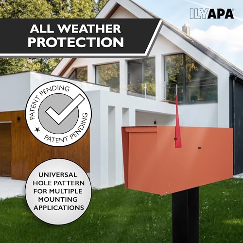 Image of Ilyapa Modern Mailbox for Outside Post Mount - Terracotta Heavy Duty Powder Coated Metal Mailbox, Waterproof Letter Box for Parcels