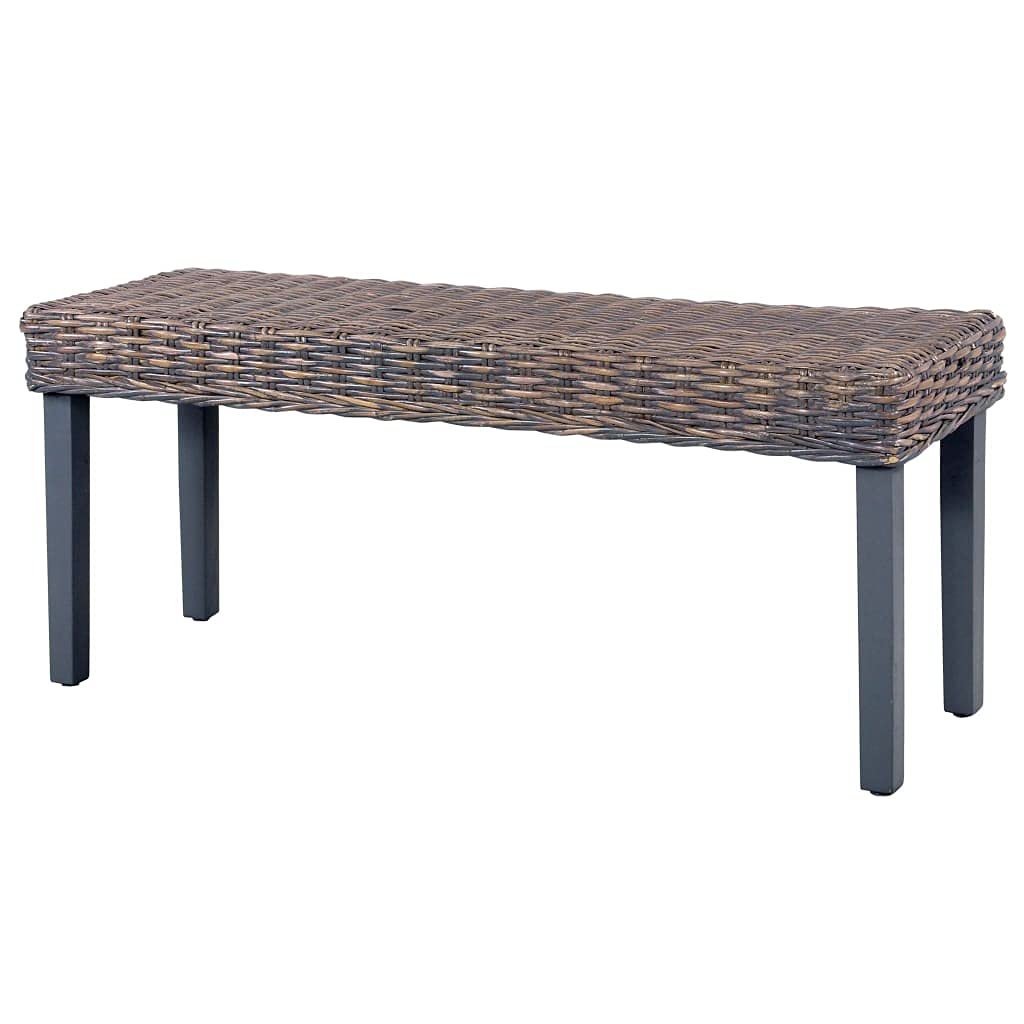 Banco de ratán Kubu, 110 cm, con patas de madera maciza de caoba, banco de pasillo en gris natural, estable y fácil de limpiar, carga máxima de 110 kg por asiento