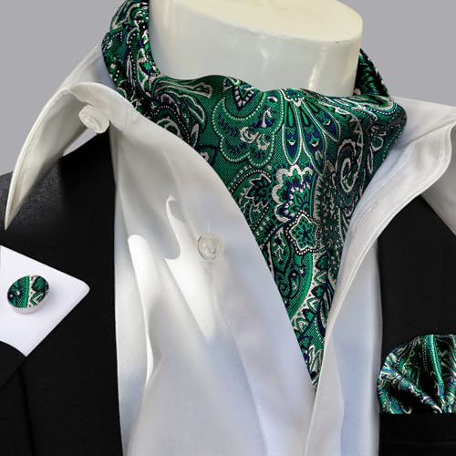 Image of DiBanGu Mens Silk Ascot Ties Paisley Jacquard Woven Cravat and Pocket Square Cufflinks with Lapel Pin for Business Wedding