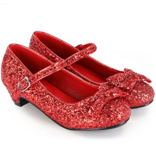 Haysandy Girls Glitter Dress Shoes Low Heel Princess Flats for Kids Toddler Flower Wedding Party Shoes with 2 Pairs Socks